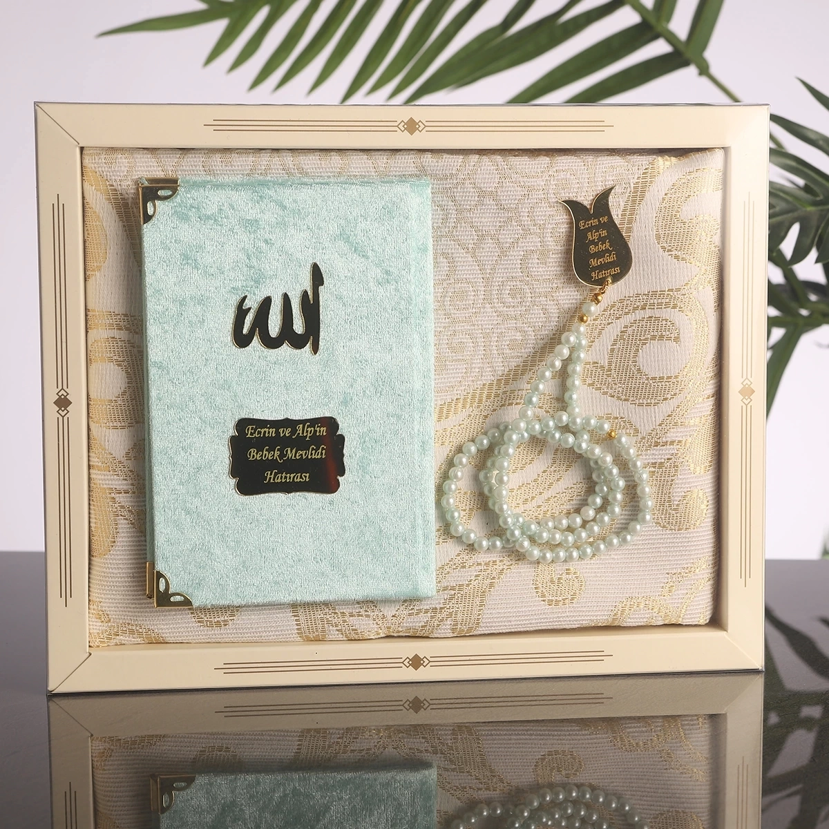 64 Sayfa Su Yeşili Kadife Yasin + İnci Tesbih + Kutulu Seccade