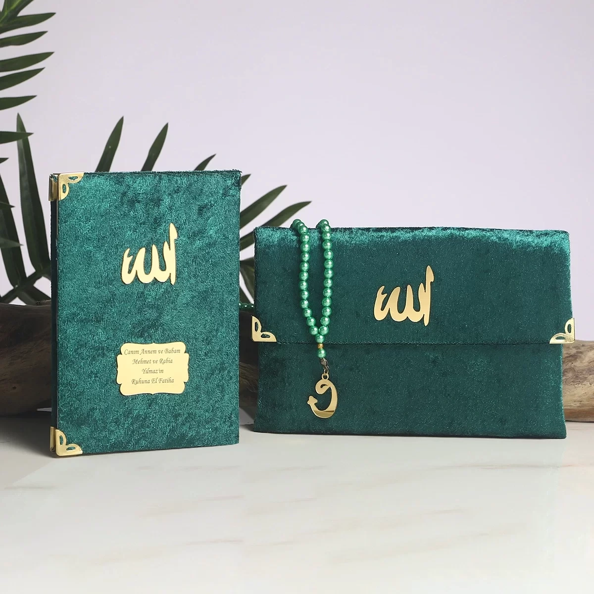64 Sayfa Zümrüt Çanta ve İnci Tesbihli Kadife Yasin