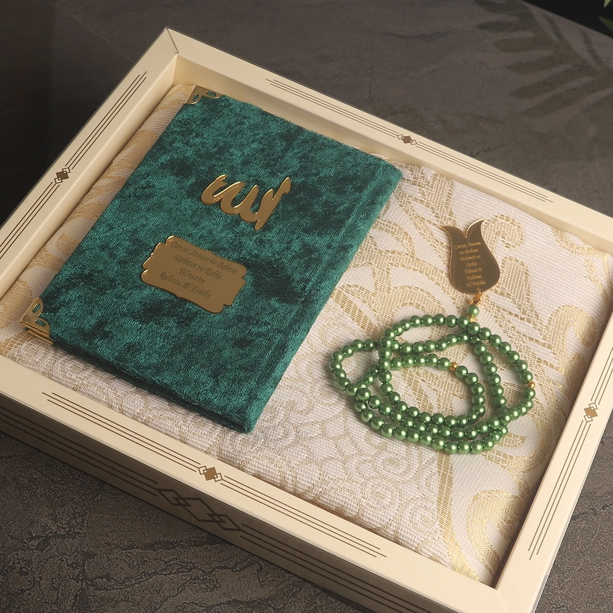 64 Sayfa Zümrüt Kadife Yasin + İnci Tesbih + Kutulu Seccade