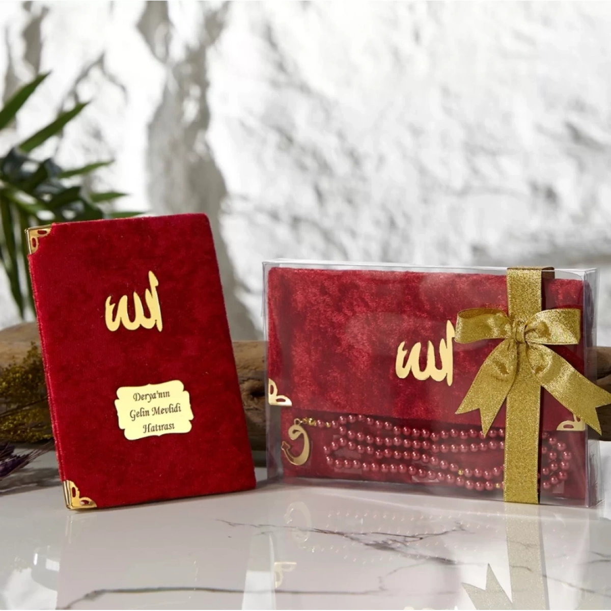 Asetat Kutuda Kadife Kumaş Kaplı Çanta İçerisinde İnci Tesbihli Bordo Renkli Kadife Yasin Kitabı Seti - Mevlüt Hediyelikleri