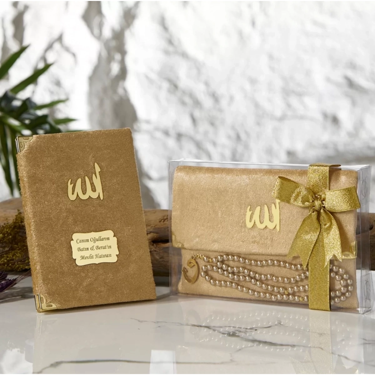 Asetat Kutuda Kadife Kumaş Kaplı Çanta İçerisinde İnci Tesbihli Gold Renkli Kadife Yasin Kitabı Seti - Mevlüt Hediyelikleri