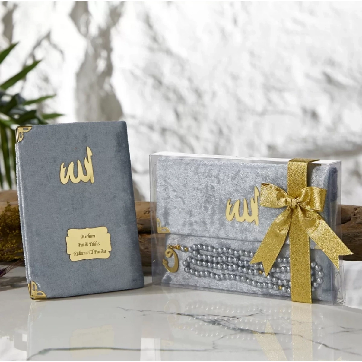 Asetat Kutuda Kadife Kumaş Kaplı Çanta İçerisinde İnci Tesbihli Gri Renkli Kadife Yasin Kitabı Seti - Mevlüt Hediyelikleri