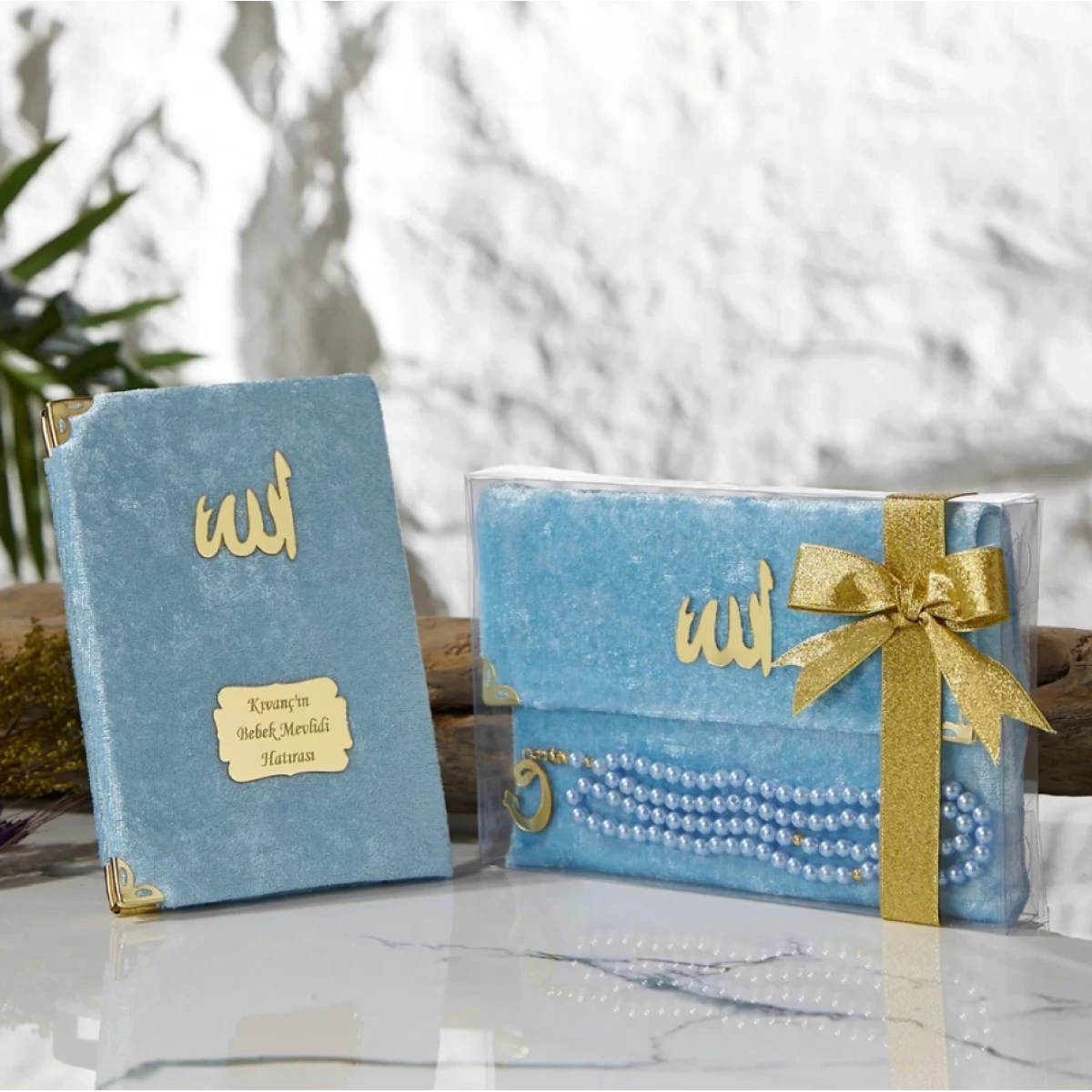 Asetat Kutuda Kadife Kumaş Kaplı Çanta İçerisinde İnci Tesbihli Mavi Renkli Kadife Yasin Kitabı Seti - Mevlüt Hediyelikleri