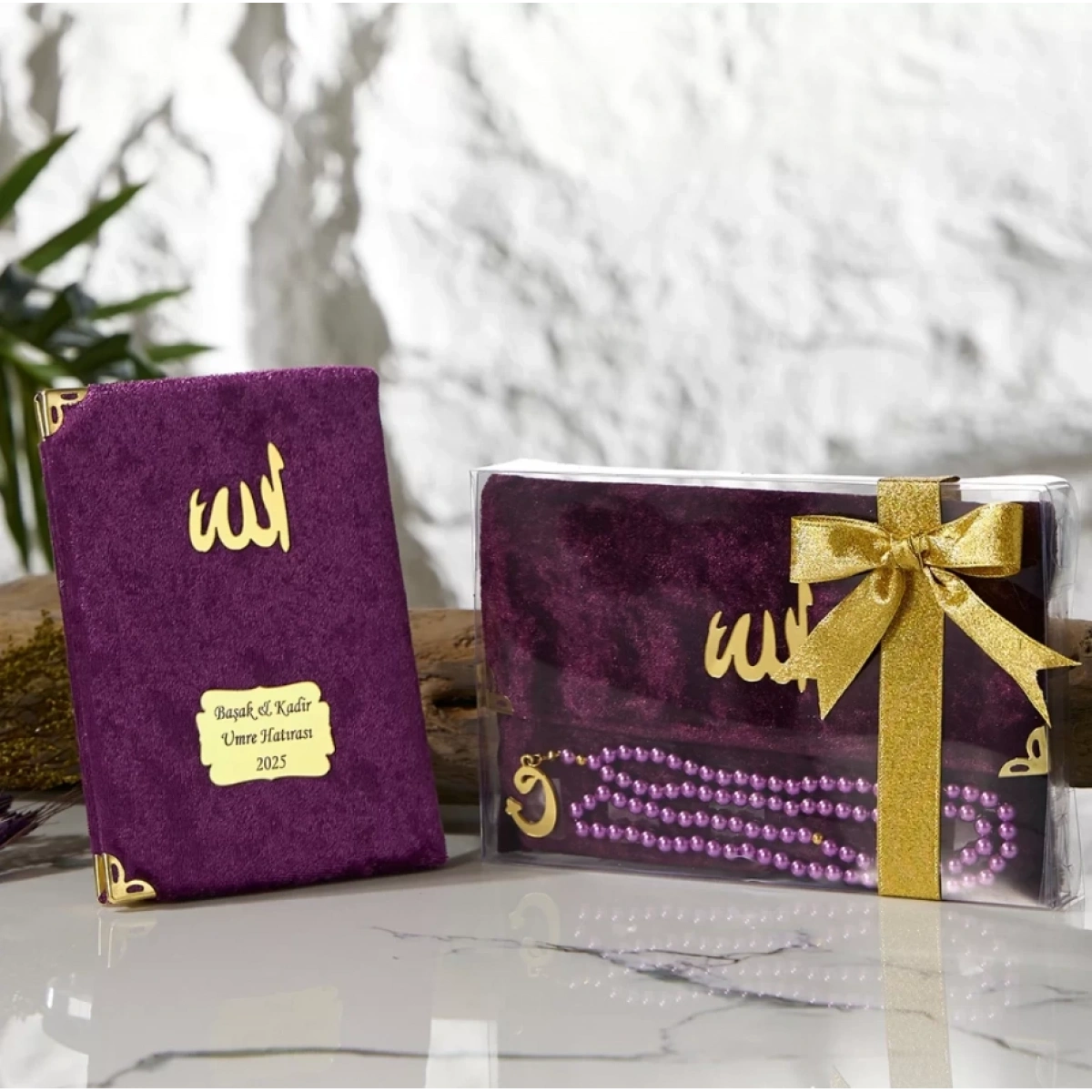 Asetat Kutuda Kadife Kumaş Kaplı Çanta İçerisinde İnci Tesbihli Mor Renkli Kadife Yasin Kitabı Seti - Mevlüt Hediyelikleri