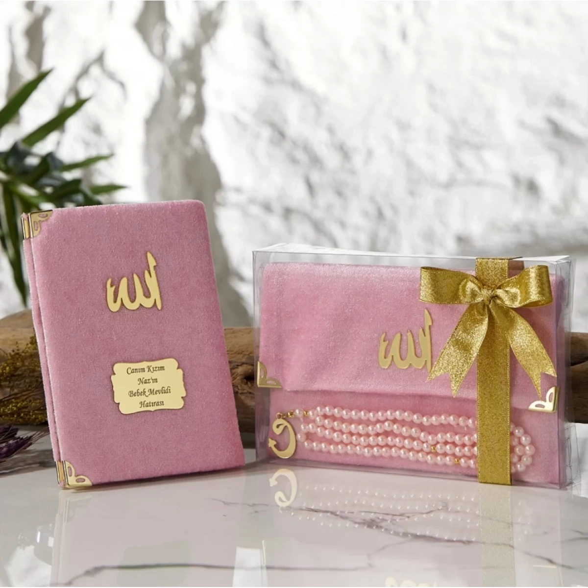 Asetat Kutuda Kadife Kumaş Kaplı Çanta İçerisinde İnci Tesbihli Pembe Renkli Kadife Yasin Kitabı Seti - Mevlüt Hediyelikleri