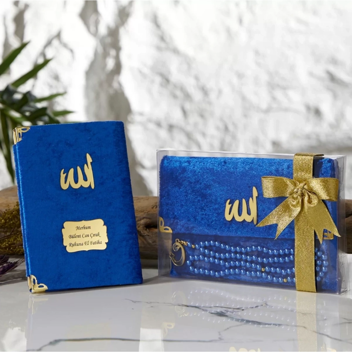 Asetat Kutuda Kadife Kumaş Kaplı Çanta İçerisinde İnci Tesbihli Saks Mavisi Renkli Kadife Yasin Kitabı Seti - Mevlüt Hediyelikleri