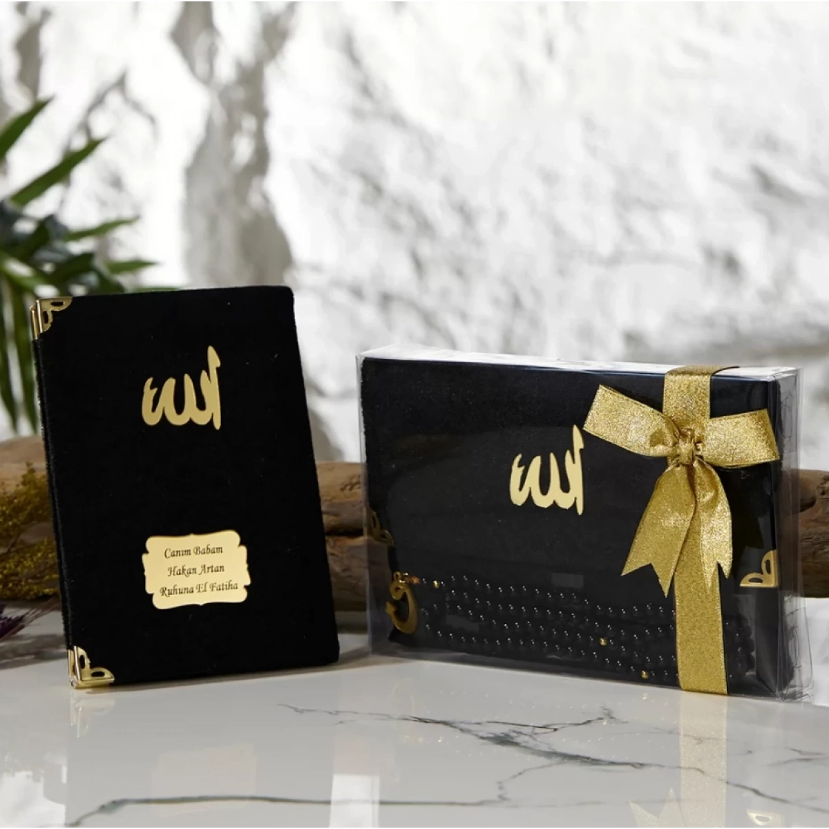 Asetat Kutuda Kadife Kumaş Kaplı Çanta İçerisinde İnci Tesbihli Siyah Renkli Kadife Yasin Kitabı Seti - Mevlüt Hediyelikleri
