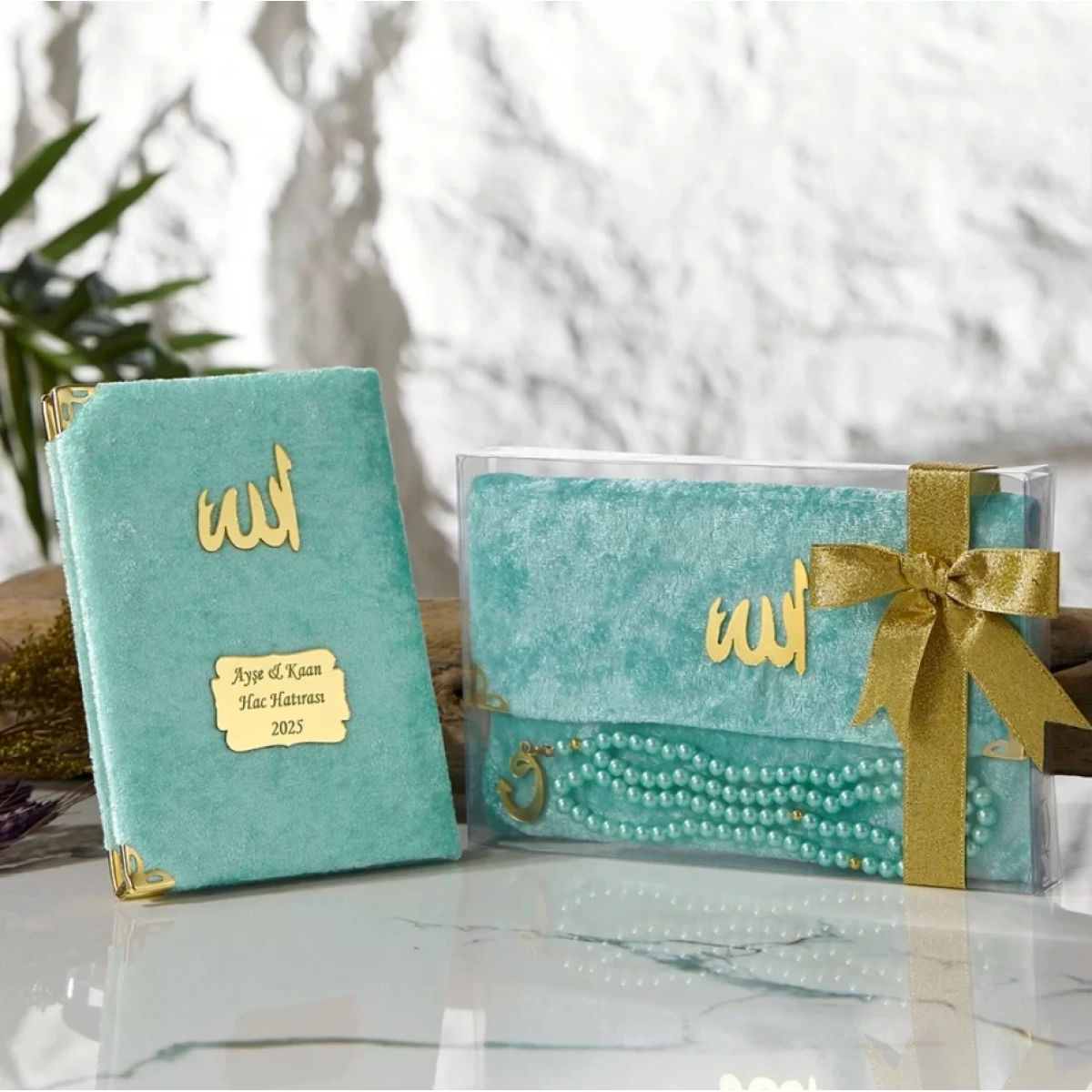 Asetat Kutuda Kadife Kumaş Kaplı Çanta İçerisinde İnci Tesbihli Su Yeşil Renkli Kadife Yasin Kitabı Seti - Mevlüt Hediyelikleri