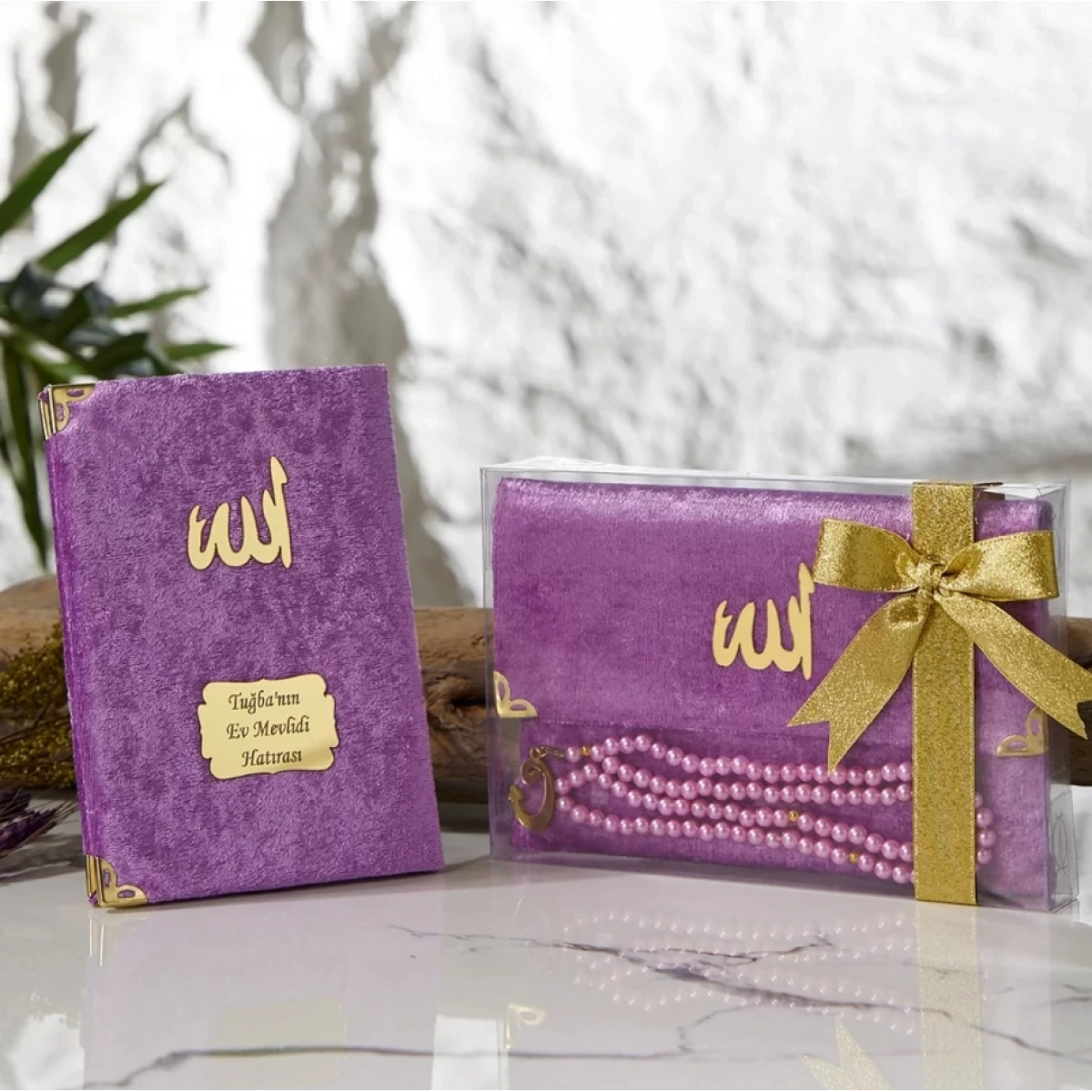 Asetat Kutuda Şantuk Kumaş Kaplı Çanta İçerisinde İnci Tesbihli Lila Renkli Şantuk Yasin Kitabı Seti - Mevlüt Hediyelikleri