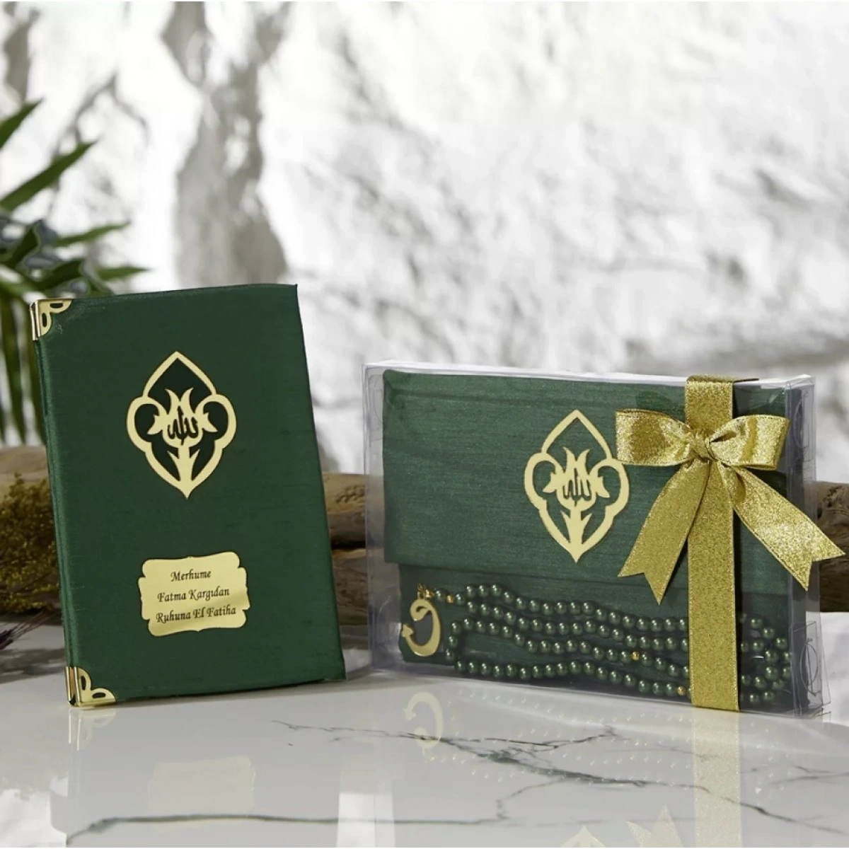 Asetat Kutuda Şantuk Kumaş Kaplı Çanta İçerisinde İnci Tesbihli Zümrüt Renkli Şantuk Yasin Kitabı Seti - Mevlüt Hediyelikleri
