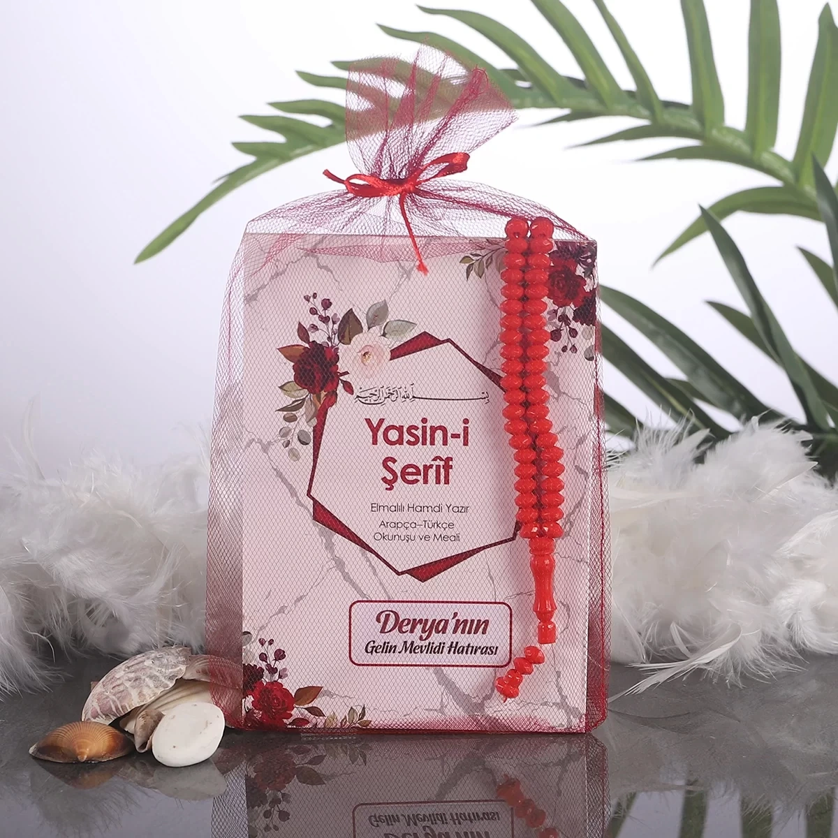 Altıgen Kırmızı Tül Kese + Yasin + Tesbih