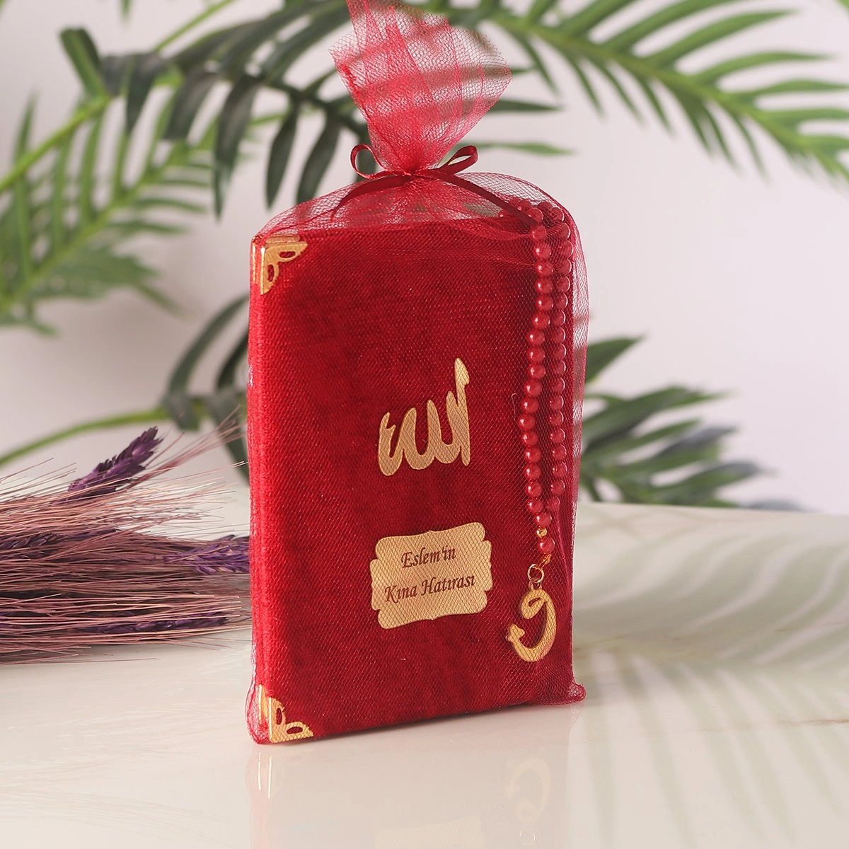 64 Sayfa Bordo Kese ve İnci Tesbihli Kadife Yasin