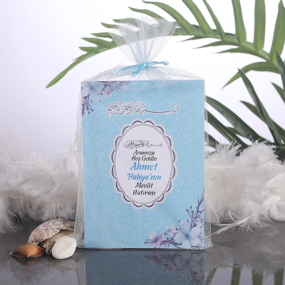 Çiçek Mavi Tül Kese + Yasin