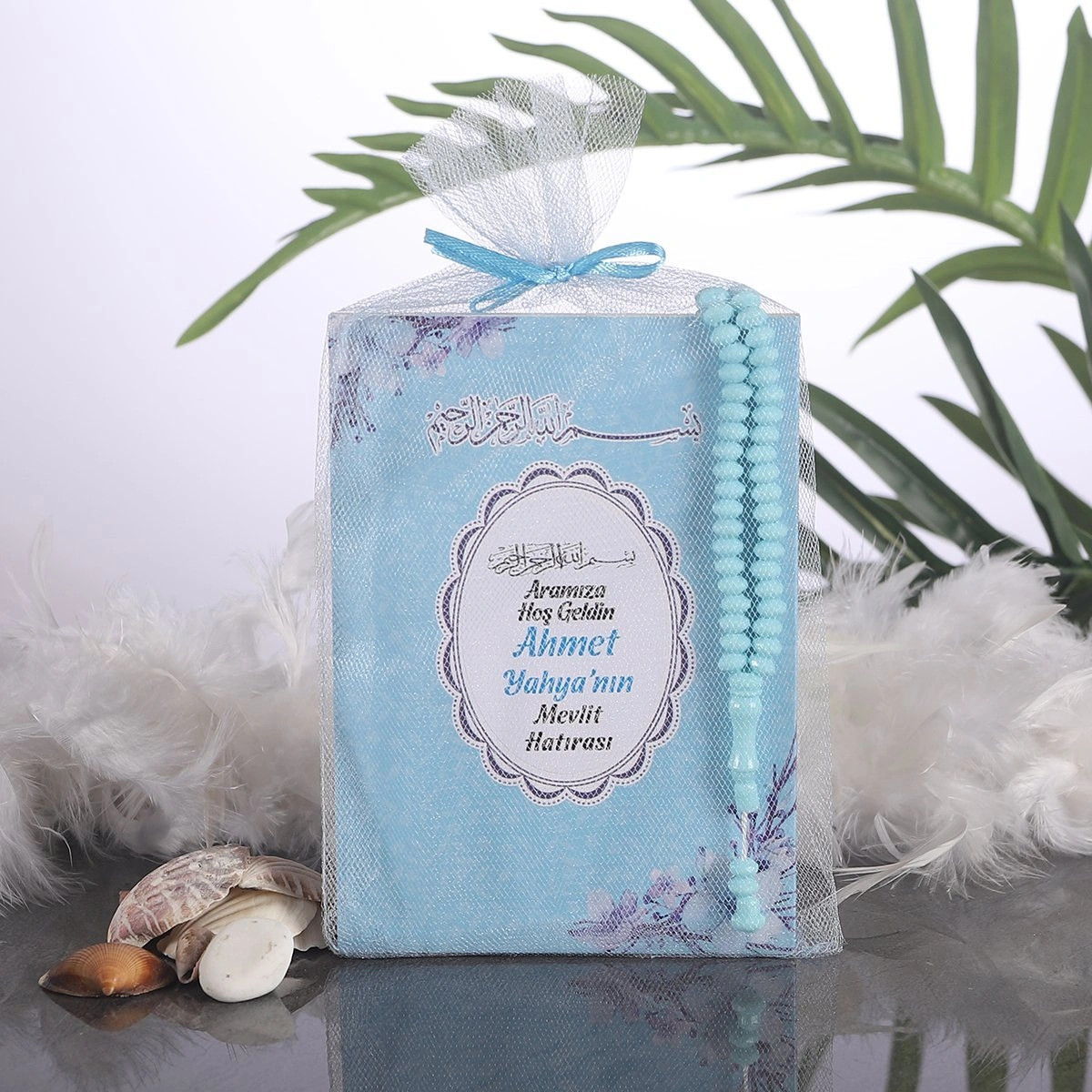 Çiçek Mavi Tül Kese + Yasin + Tesbih
