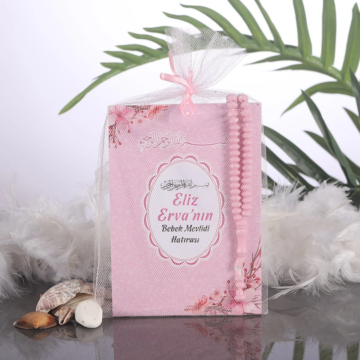 Çiçek Pembe Tül Kese + Yasin + Tesbih