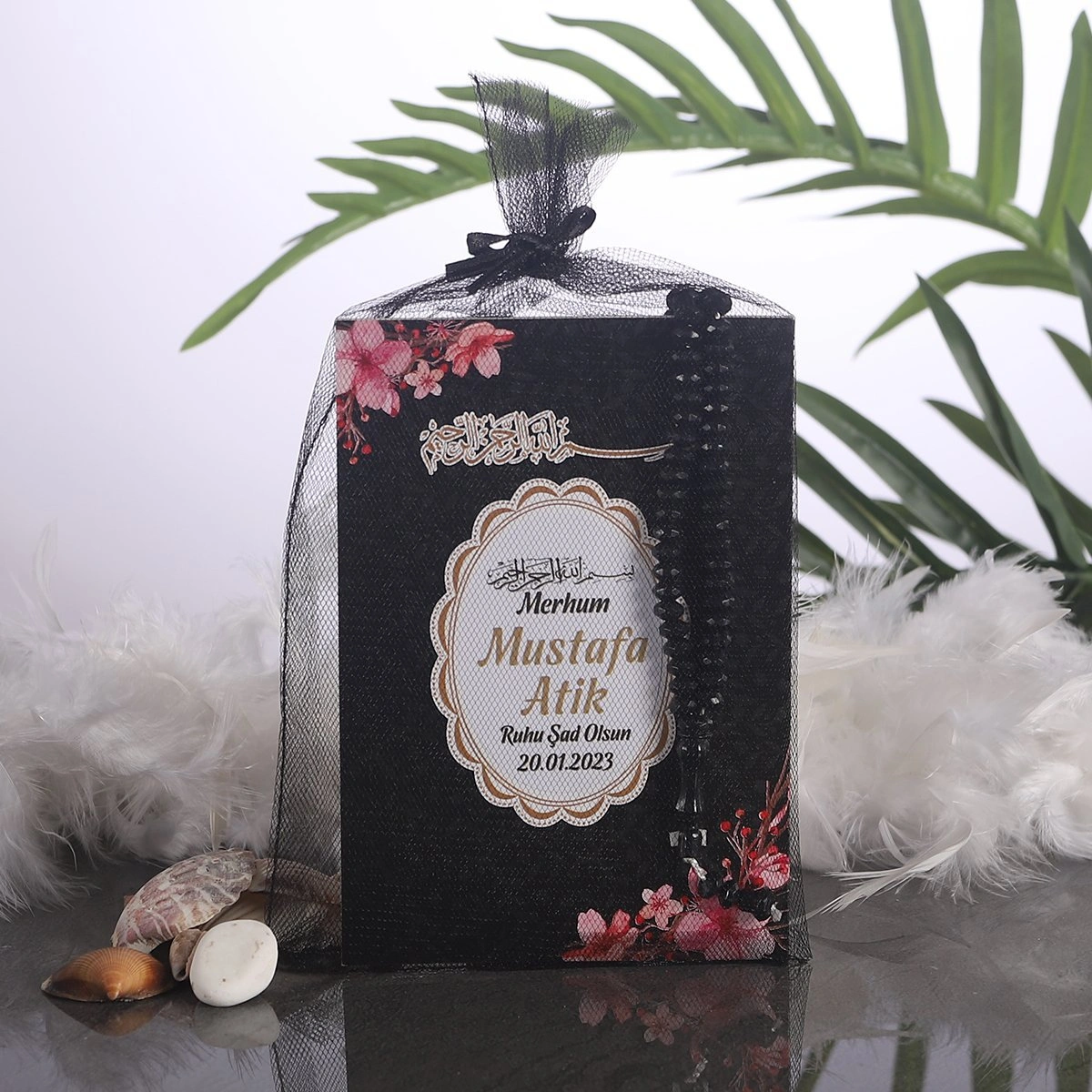 Çiçek Siyah Tül Kese + Yasin + Tesbih