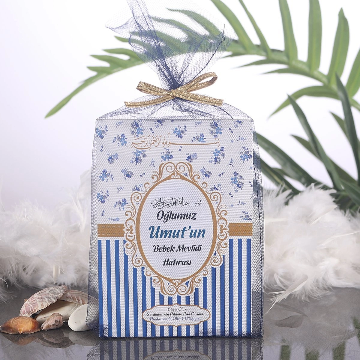 Çizgi Lacivert Tül Kese + Yasin