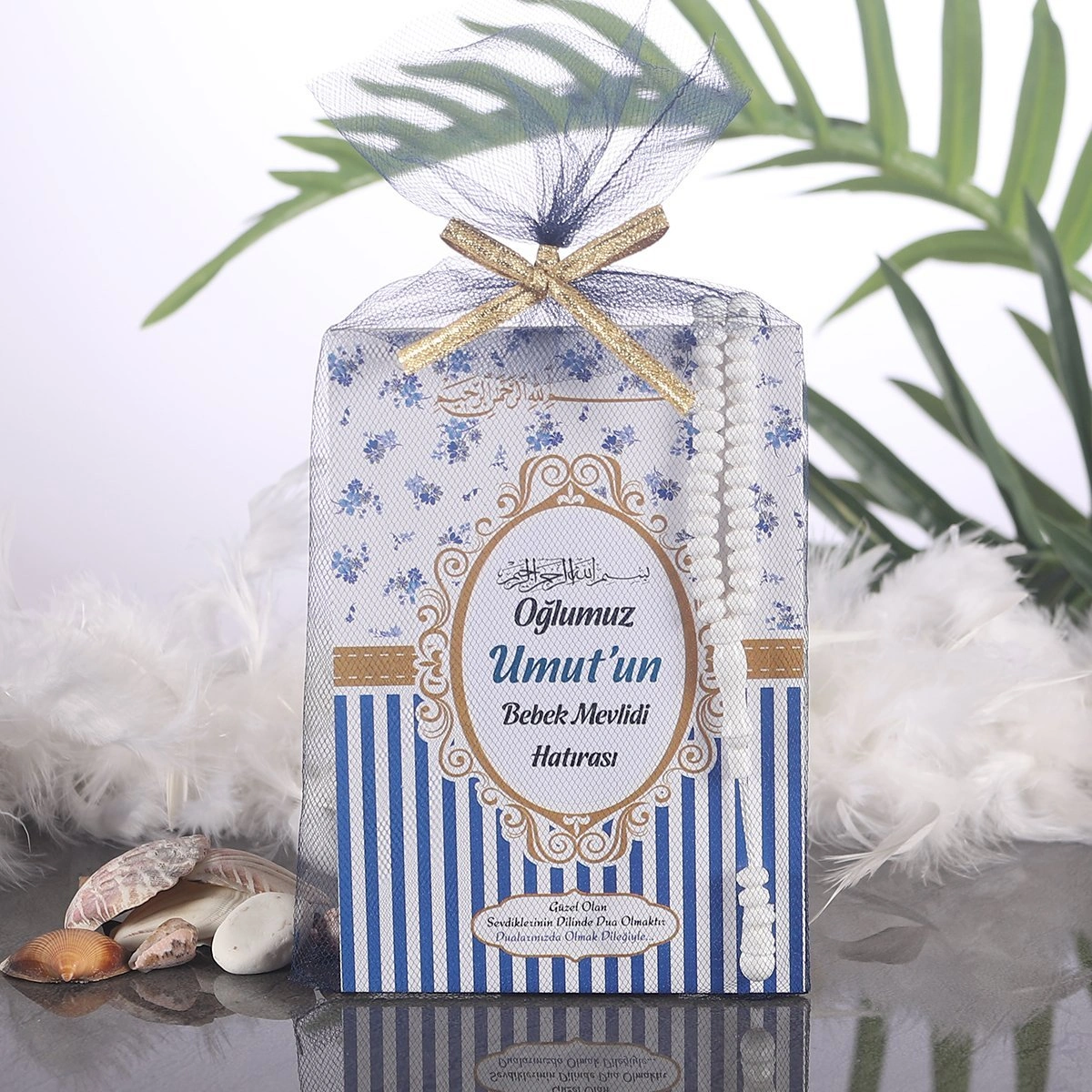 Çizgi Lacivert Tül Kese + Yasin + Tesbih