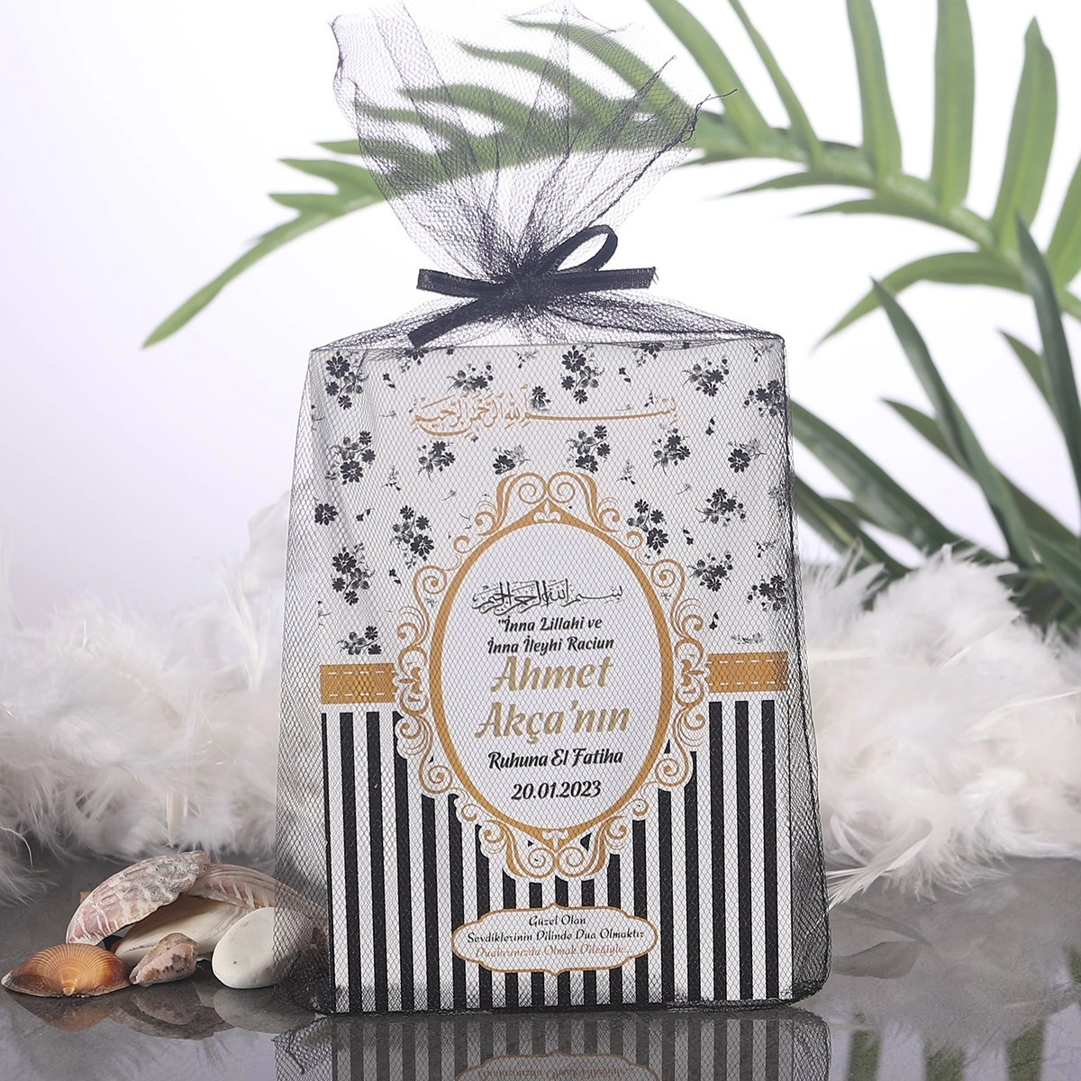 Çizgi Siyah Tül Kese + Yasin