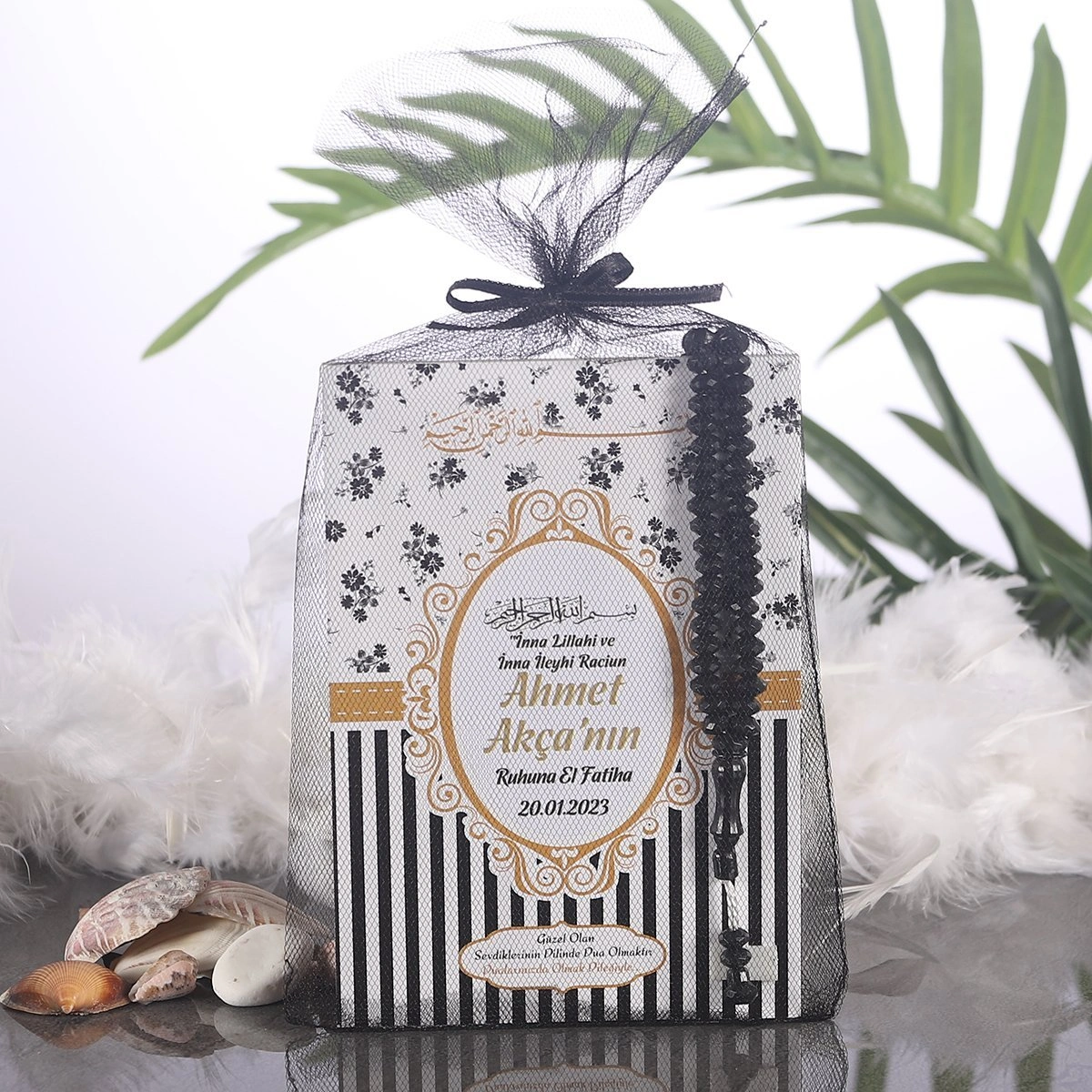 Çizgi Siyah Tül Kese + Yasin + Tesbih