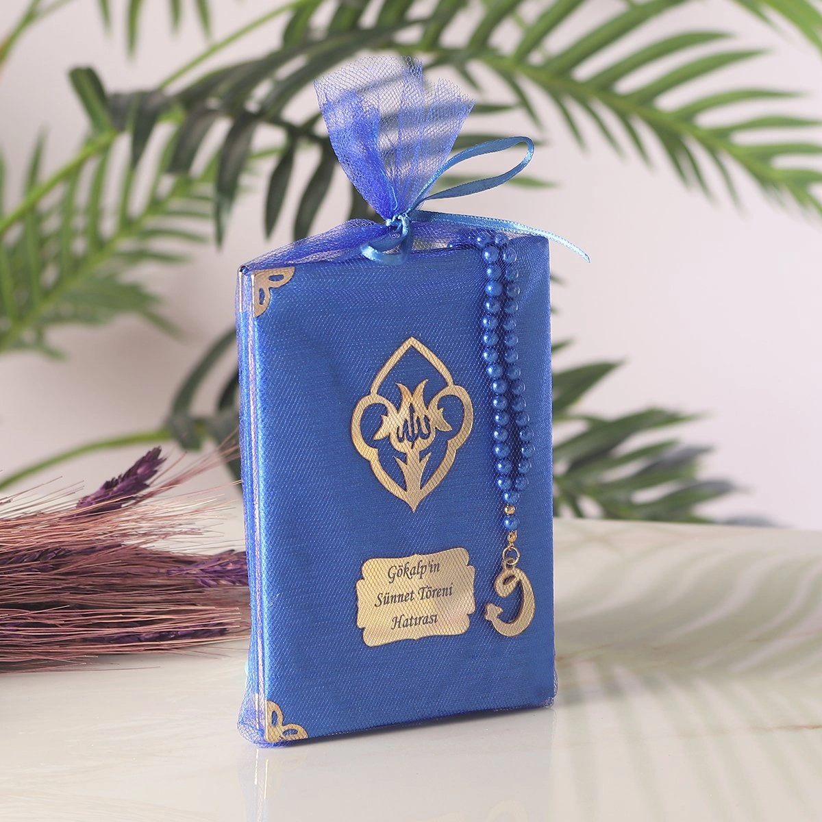 64 Sayfa Saks Mavisi Kese ve İnci Tesbihli Şantuk Yasin