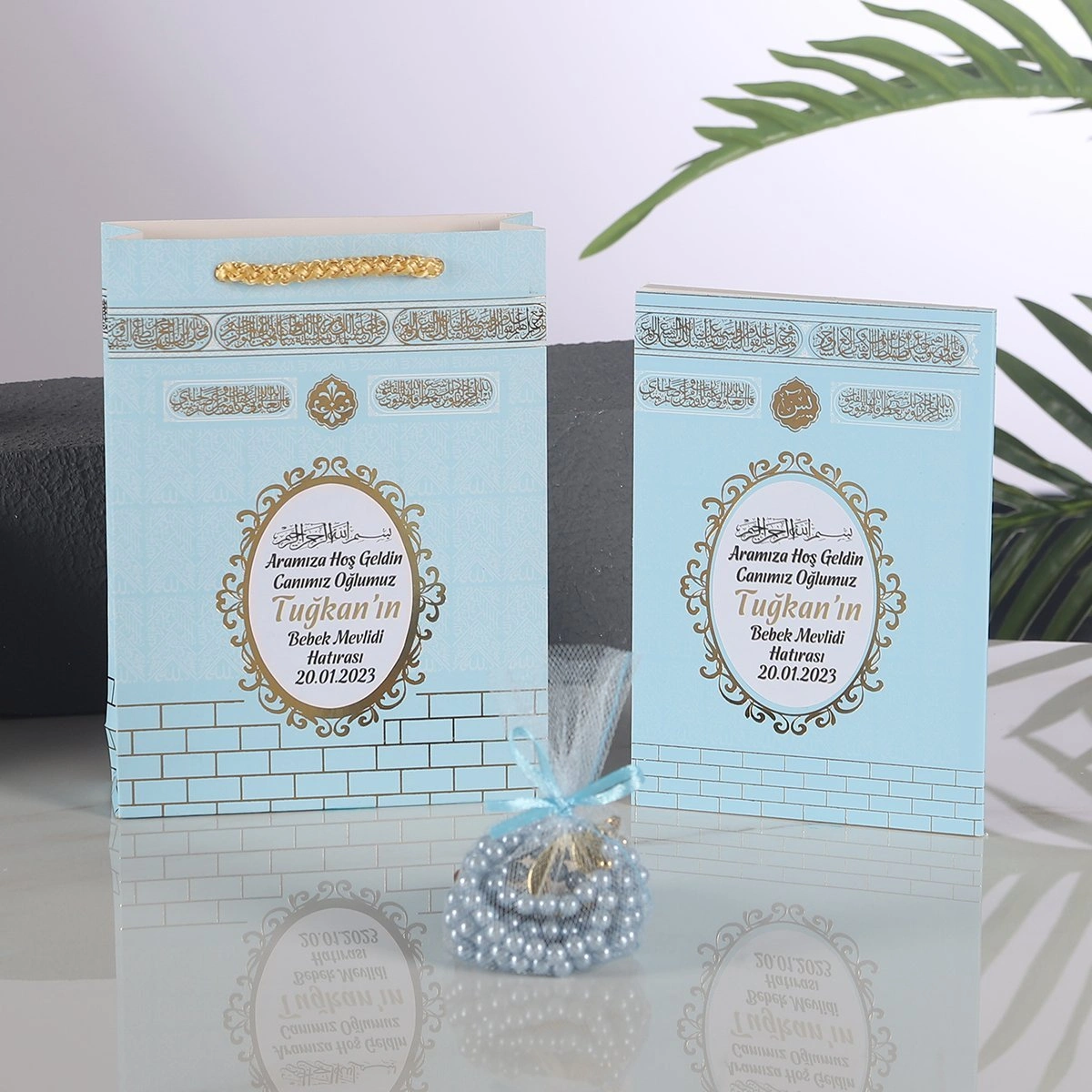 64 Sayfa Yaldız Kabe Mavi Çanta + Yasin + Kck Kese İnci Tesbih