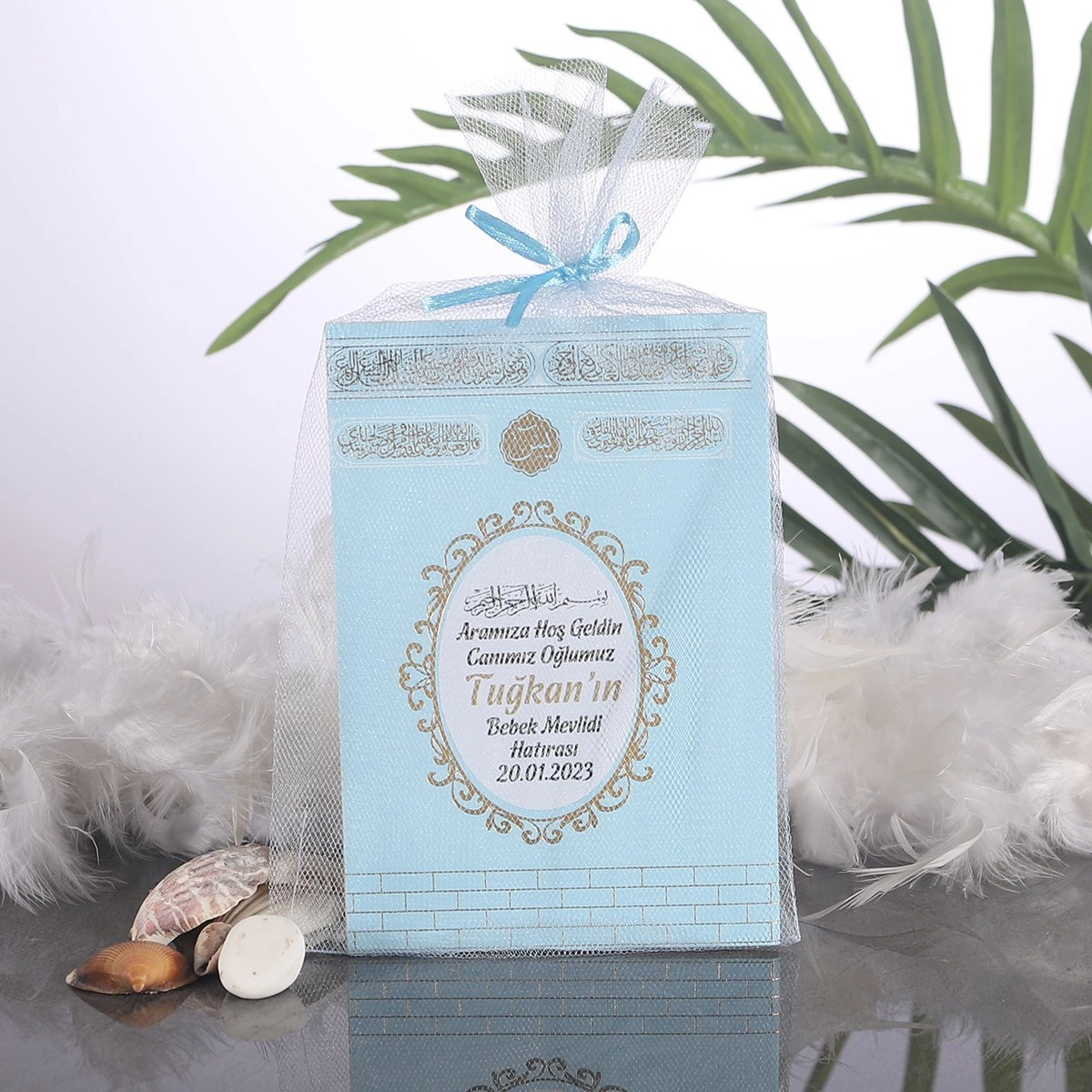 64 Sayfa Yaldız Kabe Mavi Tül Kese + Yasin