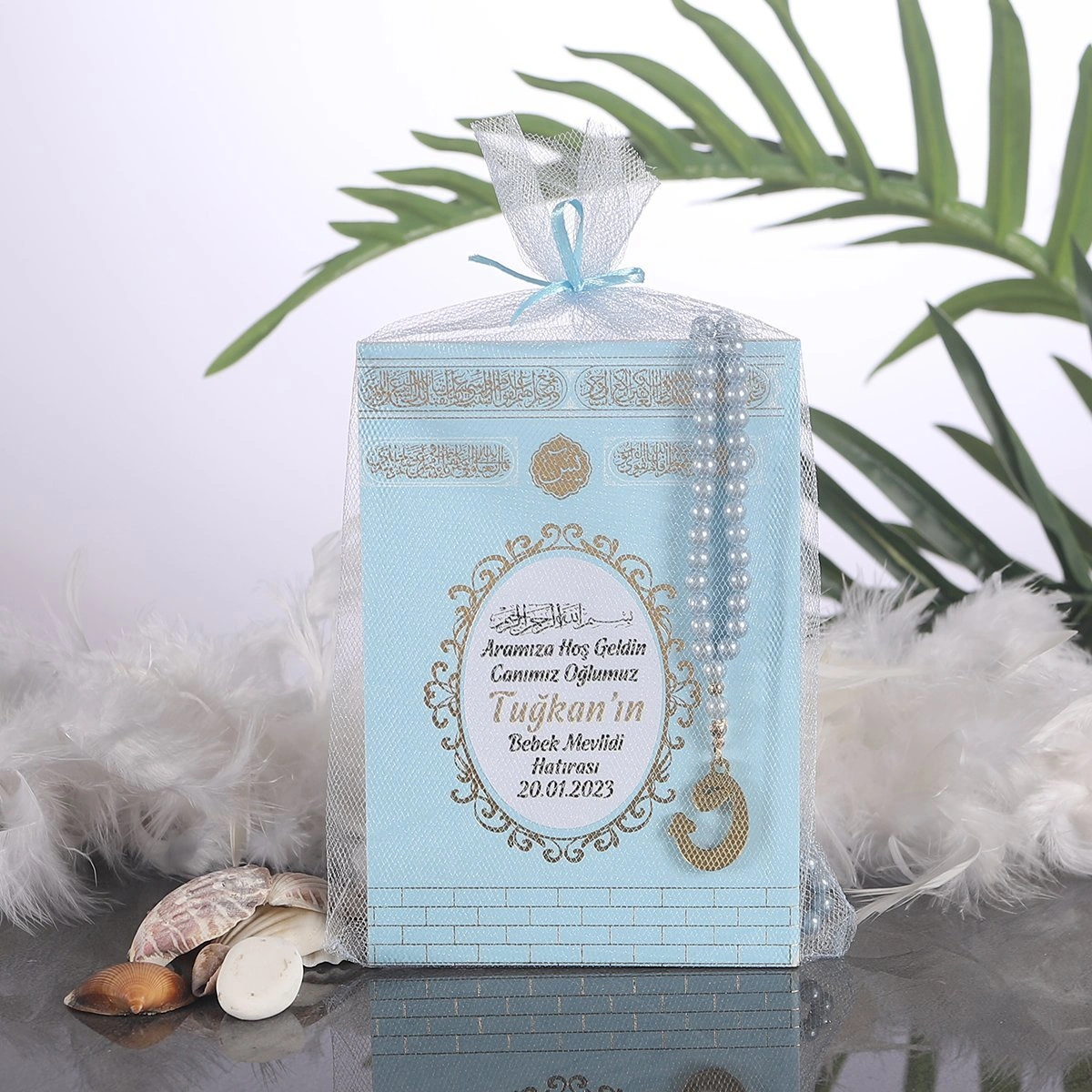 64 Sayfa Yaldız Kabe Mavi Tül Kese + Yasin + Tesbih