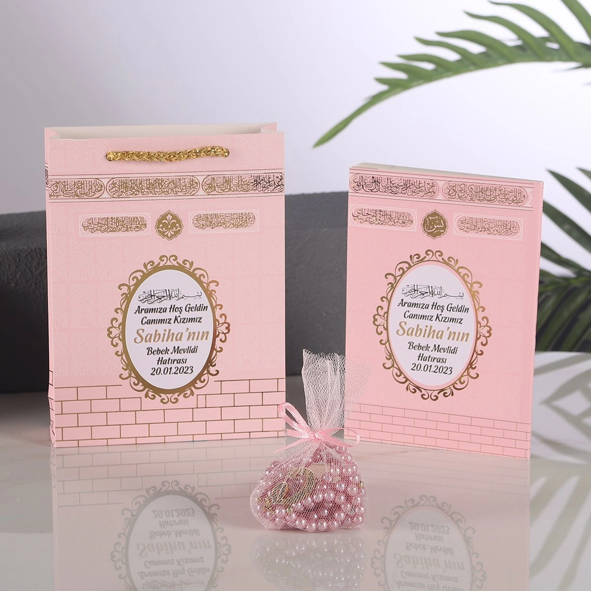 64 Sayfa Yaldız Kabe Pembe Çanta + Yasin + Kck Kese İnci Tesbih
