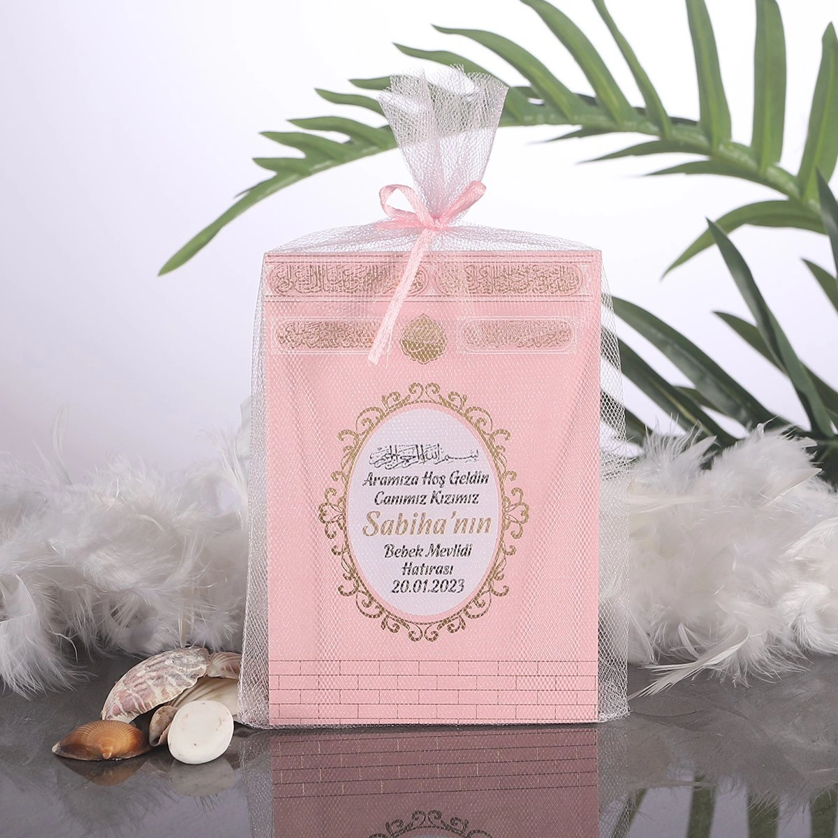 64 Sayfa Yaldız Kabe Pembe Tül Kese + Yasin