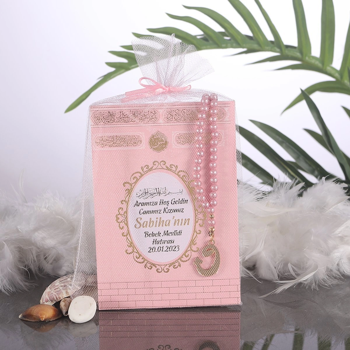 64 Sayfa Yaldız Kabe Pembe Tül Kese + Yasin + Tesbih