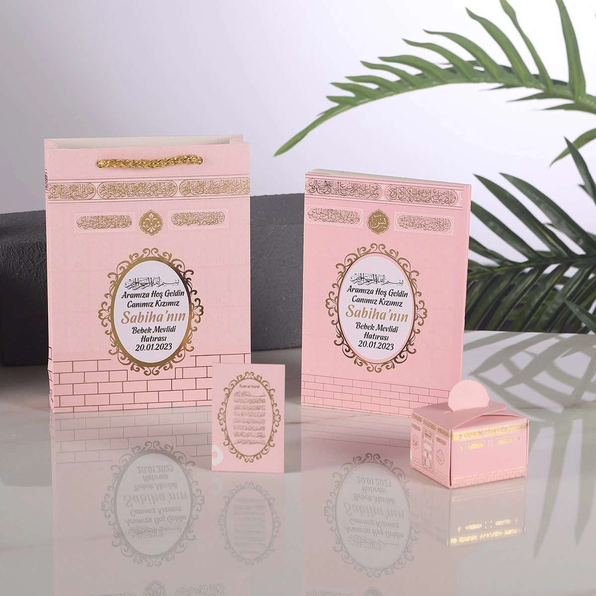 64 Sayfa Yaldız Kabe Pembe Yasin + Çanta + Lokumluk + Magnet