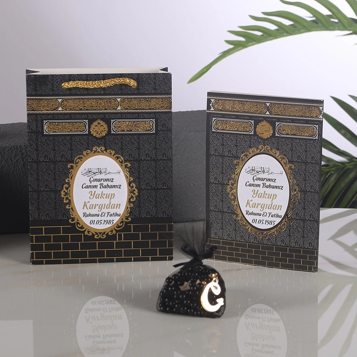 64 Sayfa Yaldız Kabe Siyah Çanta + Yasin + Kck Kese İnci Tesbih