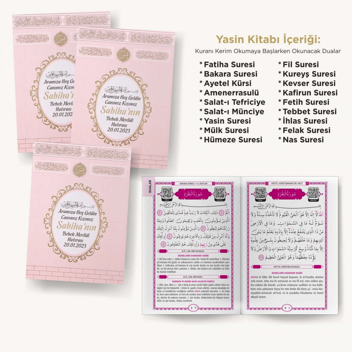64 Sayfa Yaldız Kabe Pembe Çanta + Yasin + Kck Kese İnci Tesbih