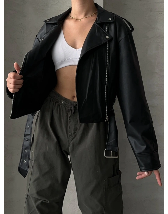 Muadil Model Kemerli Deri Ceket-Siyah