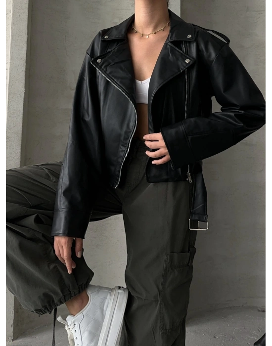 Muadil Model Kemerli Deri Ceket-Siyah
