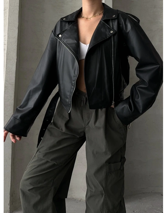 Muadil Model Kemerli Deri Ceket-Siyah
