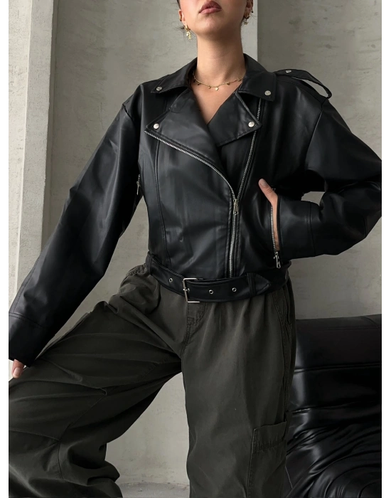 Muadil Model Kemerli Deri Ceket-Siyah