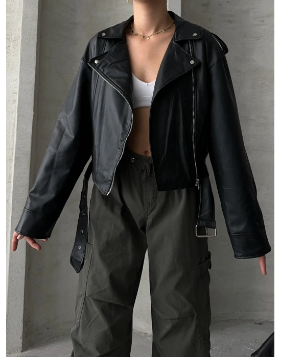 Muadil Model Kemerli Deri Ceket-Siyah
