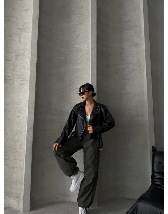 Muadil Model Kemerli Deri Ceket-Siyah