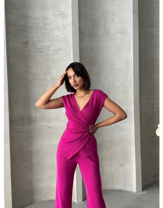 Kruvaze Beli Tokalı Takım-pembe