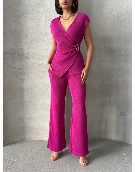 Kruvaze Beli Tokalı Takım-pembe