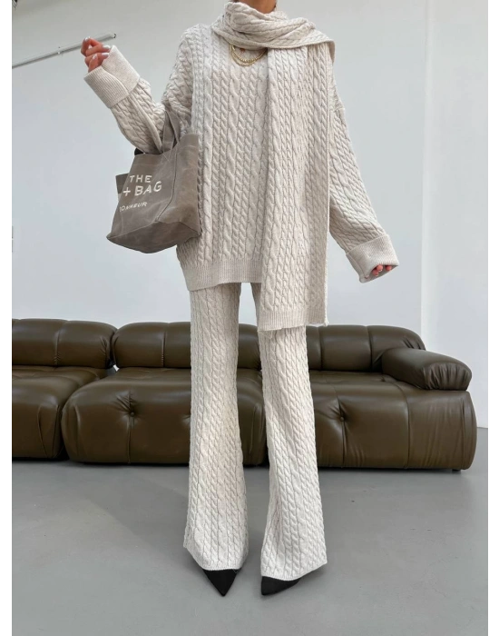 Atkılı Üçlü Örme Takım-Krem