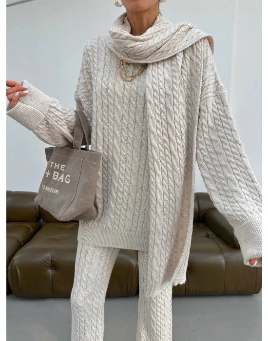 Atkılı Üçlü Örme Takım-Krem