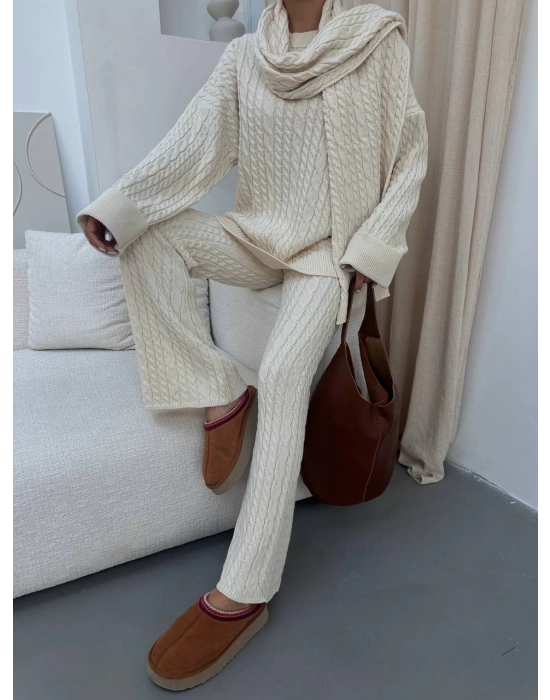 Atkılı Üçlü Örme Takım-Krem