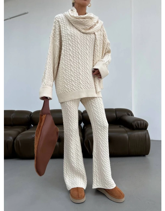 Atkılı Üçlü Örme Takım-Krem