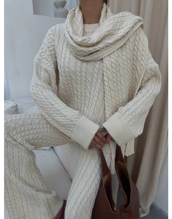 Atkılı Üçlü Örme Takım-Krem