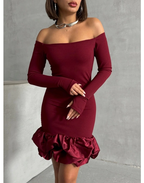 Balon Etekli Elbise-bordo