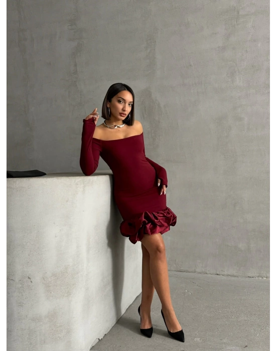 Balon Etekli Elbise-bordo