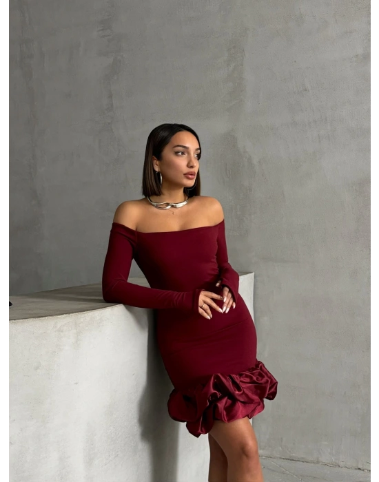 Balon Etekli Elbise-bordo